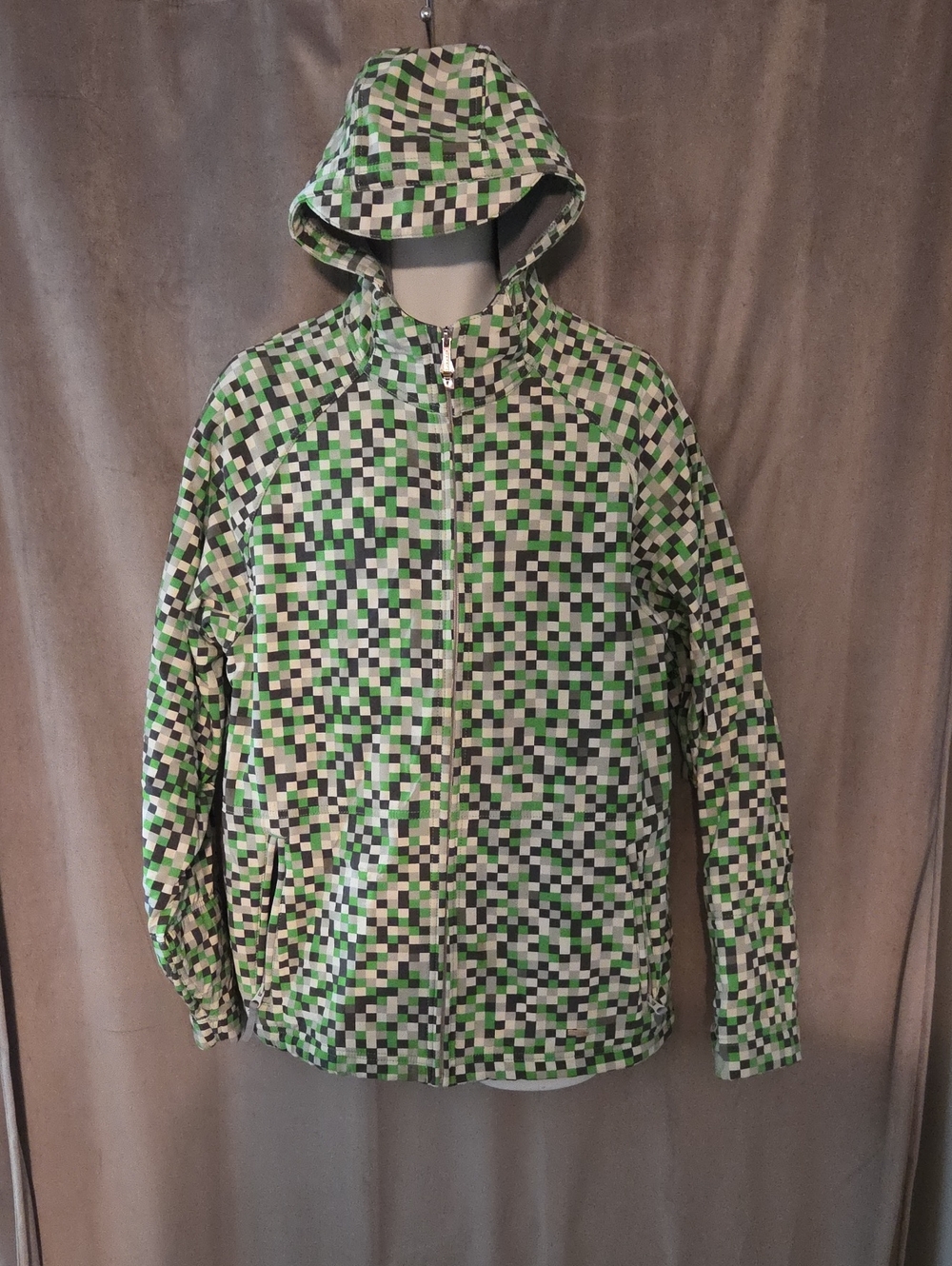Men's Large Ripzone Green Pixel-Check Hooded Jacket